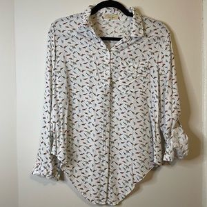 White Button Up shirt with multicolor birds